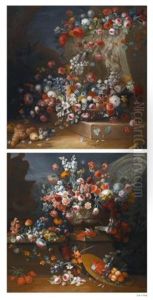An Outdoor Still Life With Flowers On A Fountain And On A Ledge; An Outdoor Still Life With Flowers In A Vase On A Ledge, A Straw Hat Filled With Fruit On The Floor (pair) by Gasparo Lopez