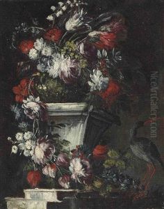 Flowers In A Stone Vase On A Ledge, A Black Heron Perched On The Right
