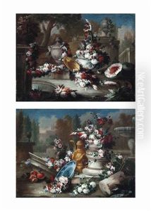 Roses, Peonies, Convolvulus And Other Flowers In An Urn... (+ Roses, Peonies, Parrot Tulips And Other Flowers In A Stone Vase; Pair) by Gasparo Lopez