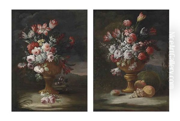 Peonies, Tulips And Other Flowers In An Urn With Grapes, Pomegranates And Other Fruit In A Wooded Landscape (+ Roses, Peonies, Tulips And Other Flowers In An Urn In A Wooded Landscape; Pair) - view 1