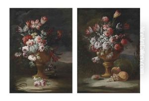 Peonies, Tulips And Other Flowers In An Urn With Grapes, Pomegranates And Other Fruit In A Wooded Landscape (+ Roses, Peonies, Tulips And Other Flowers In An Urn In A Wooded Landscape; Pair) by Gasparo Lopez