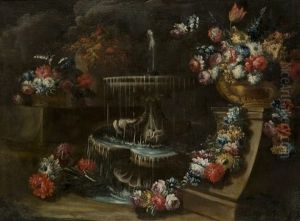 Vaso Di Fiori En Plein Air Con Fontana (+ Vaso Di Fiori Con Vassoio Di Ceramica Rovesciato En Plein Air; 2 Works) by Gasparo Lopez