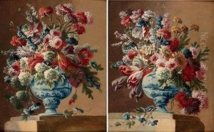 Bouquet De Fleurs Dans Un Vase De Faience (+ Another; 2 Works) by Gasparo Lopez