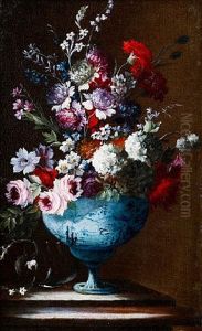 Roses, Carnations, Jasmine And Flowers In A Vase On A Stone Ledge (+ Roses, Peonies, Jasmine And Flowers In A Vase On A Stone Ledge; Pair)