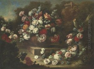 Roses, Tulips, Carnations And Other Flowers In An Urn, With Other Flowers In A Landscape by Gasparo Lopez