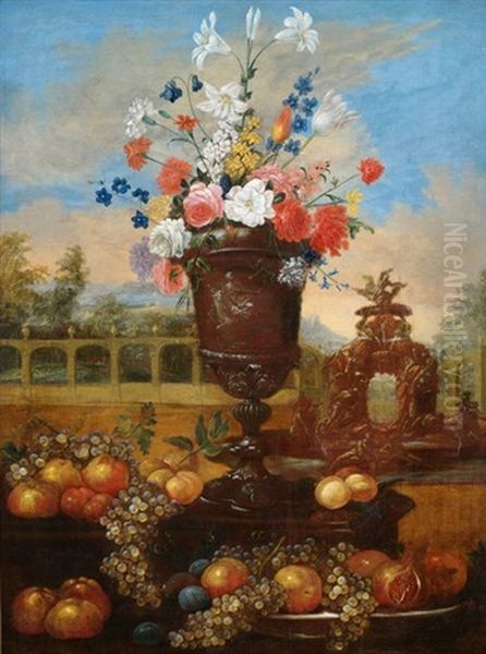 Blumen- Und Obststilleben Vor Parklandschaft - view 1