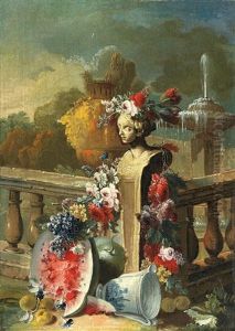 Stillleben Mit Blumen, Fruchten Und Weiblicher Buste Vor Einer Parklandschaft