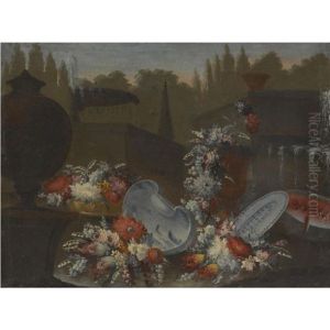 Still Life In A Garden Setting With An Array Of Flowers Spilling From A Sculpted Urn And A Basket, Together With Some Blue And White Porcelain Dishes And Half A Watermelon