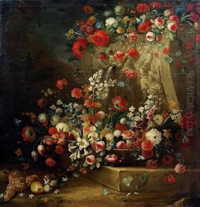 Stillleben Mit Blumen Und Fruchten Vor Einem Reliefbrunnen by Gasparo Lopez