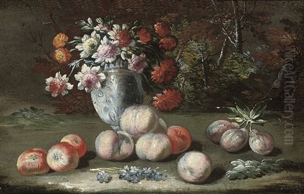 Chrysanthemums In A China Vase, With Apples, Peaches And Plums, In A Landscape - view 1