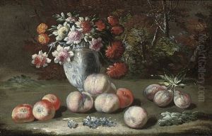 Chrysanthemums In A China Vase, With Apples, Peaches And Plums, In A Landscape