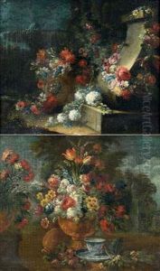 Nature Morte Au Vase De Fleurs Et Tasse En Porcelaine De Chine Dans Un Parc Classique (+ Guirlande De Fleurs Decorant Une Ballustrade Devant Une Fontaine, Lrgr; Pair) by Gasparo Lopez