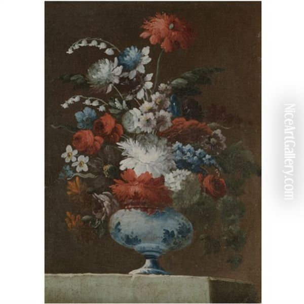 A Still Life Of Flowers In A Porcelain Vase Upon A Stone Ledge - view 1