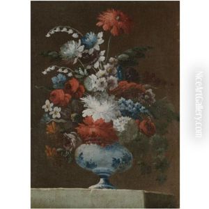 A Still Life Of Flowers In A Porcelain Vase Upon A Stone Ledge by Gasparo Lopez