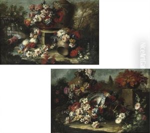 Mixed Flowers And A Flower Garland Near A Fountain (+ Mixed Flowers With A Porcelain Dish In A Garden; Pair) by Gasparo Lopez