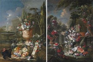 Tulips, Roses, Lily-of-the-valley And Other Flowers In An Urn (+ Another; 2 Works) by Gasparo Lopez