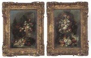 Carnations, Tulips, Peonies, And Other Flowers In A Terracotta Pot (+ Roses, Tulips, Carnations And Other Flowers In An Earthenware Pot; Pair)