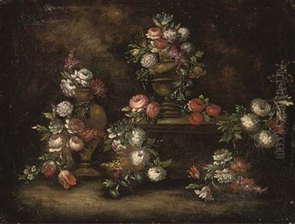 Roses, Chrysanthemums, Parrot Tulips And Other Flowers In A Pair Of Urns, With Other Flowers On A Stone Ledge - view 1