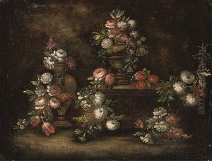 Roses, Chrysanthemums, Parrot Tulips And Other Flowers In A Pair Of Urns, With Other Flowers On A Stone Ledge by Gasparo Lopez