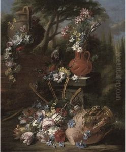 Carnations And Narcissi In An Earthenware Jug On A Stone Ledge With Roses, Convolvulus, Narcissi And Tulips On A Forest Floor By An Earthenware Urn And A Garland Of Flowers On A Stone Urn, A Wooded La by Gasparo Lopez