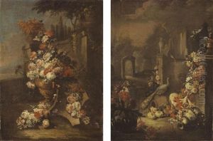 A Still Life With A Vase Of Flowers Together With Floral Garlands (+ A Still Life With A Garland Of Various Flowers And A Peacock; Pair) by Gasparo Lopez