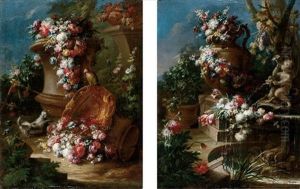 Nature Morte Di Fiori Decoranti Anfore E Urne In Un Giardino (+ Another, Similar; Pair)