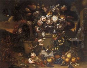 Natura Morta Con Vaso Di Fiori E Frutta In Un Paesaggio
