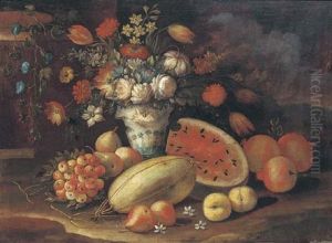 Roses, Tulips, Morning Glory And Other Flowers In A Vase With Melons, Pears, Pomegranates And Berries In A Clearing