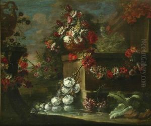 Copon Con Flores Y Fuente En Un Paisaje by Gasparo Lopez