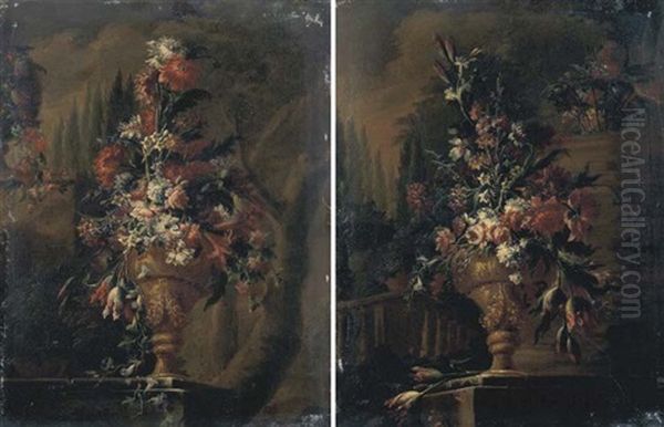 Fiori In Un Vaso Di Ottone, Su Un Piano Di Pietra Presso Una Balaustra, In Un Giardino, Con Cipressi In Lontananza (+ Fiori In Un Vaso Di Ottone, Su Un Piano Di Pietra; 2 Works) - view 1