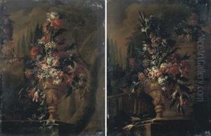 Fiori In Un Vaso Di Ottone, Su Un Piano Di Pietra Presso Una Balaustra, In Un Giardino, Con Cipressi In Lontananza (+ Fiori In Un Vaso Di Ottone, Su Un Piano Di Pietra; 2 Works)