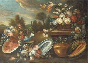 Melons And Grapes With Bronze Urns And Porcelain Dishes And A Basket Of Roses And Other Flowers On A Plinth With A Wooded Landscape Beyond by Gasparo Lopez