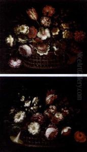 Roses, Tulips, Carnations And Other Flowers In A Basket (+ Roses, Tulips, Narcissi And Other Flowers In A Basket; Pair) by Gasparo Lopez
