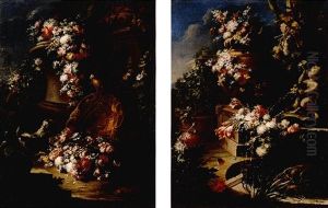 Still Lifes Of Garlands Of Flowers Adorning Statues, Urns And A Fountain In Garden Settings