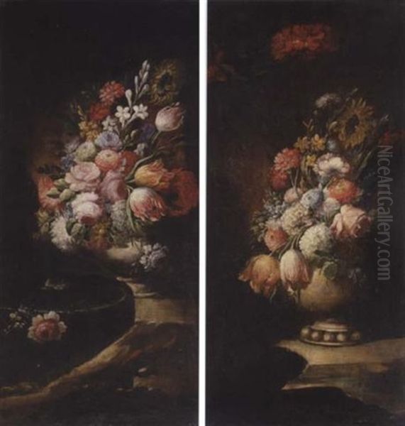 Still Life Of Various Flowers In A Vase Arranged Upon A Stone Plinth - view 1
