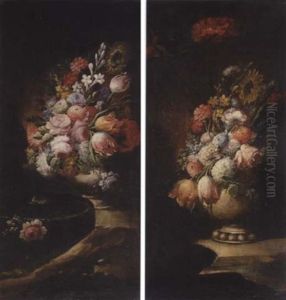 Still Life Of Various Flowers In A Vase Arranged Upon A Stone Plinth