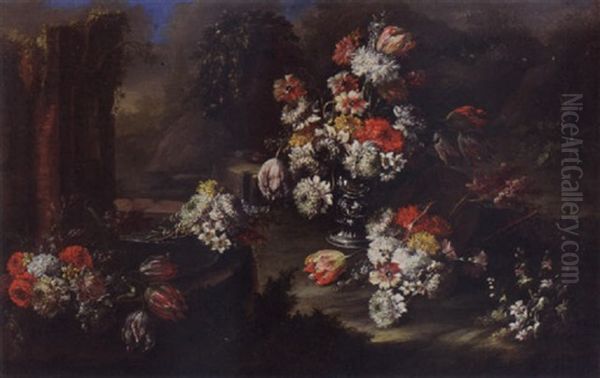 A Still Life With Tulips, Hyacinths, French Marigolds, Daffodils, Poppy Anemones And Other Flowers In A Silver Vase Together With Other Flowers Near A Fountain - view 1