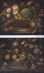 Roses, Carnations, Tulips And A Melon In A Basket On A Ledge by Gasparo Lopez