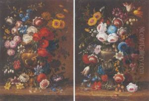 Roses, Carnations, Tulips, Morning Glory And Other Flowers On An Urn On A Marble Ledge