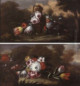 Nature Morte Au Bouquet De Fleurs Sur Fond De Paysage