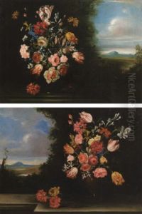 Fiori In Cesta Su Basamento In Paesaggio Montano