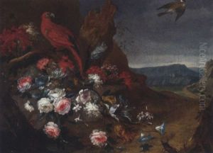 Roses, Carnations, Tulips, Bluebells And Other Flowers In A Rocky Landscape, With A Red Parrot, A Swallow And A Stag Beetle