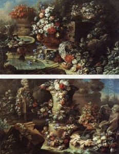 An Ornamental Garden With A Still Life Of Flowers In Vases And Baskets, A Fountain Nearby by Gasparo Lopez