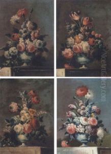 Still Life With Various Flowers In Porcelain Vase, On A Stone Ledge