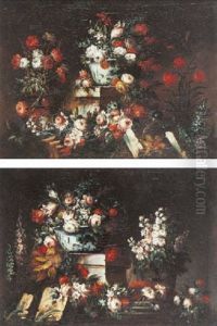 Nature Morte Au Vase Et Bouquet De Fleurs Sur Un Entablement