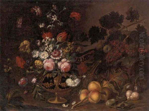 Roses, Carnations, Tulips, Narcissi And Other Flowers In An Urn, With Fruit In A Landscape - view 1