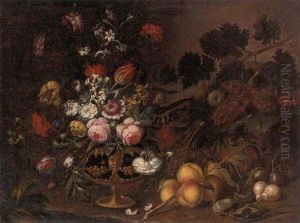 Roses, Carnations, Tulips, Narcissi And Other Flowers In An Urn, With Fruit In A Landscape Roses, Carnations, Tulips, Narcissi And Other Flowers In An Urn, With Fruit In A Landscape
