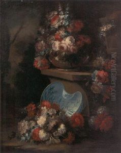 Roses, Carnations And Narcissi In A Glass Bowl On A Stone Ledge, With A Porcelain Dish Of Roses, Carnations And Narcissi Beneath by Gasparo Lopez