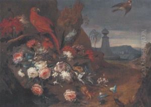 Roses, Carnations, Tulips, Bluebells And Other Flowers In A Rocky Landscape, With A Red Parrot, A Swallow, And A Stag Beetle