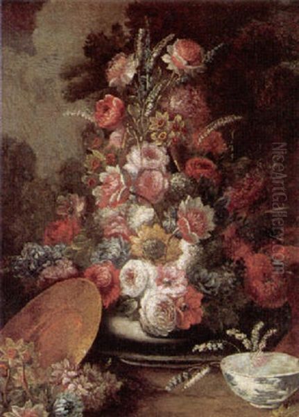 Still Life Of Flowers In A Vase With A Porcelain Bowl, In A Garden Setting - view 1